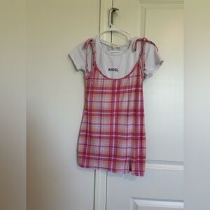 Pink Plaid Dress with White T-Shirt